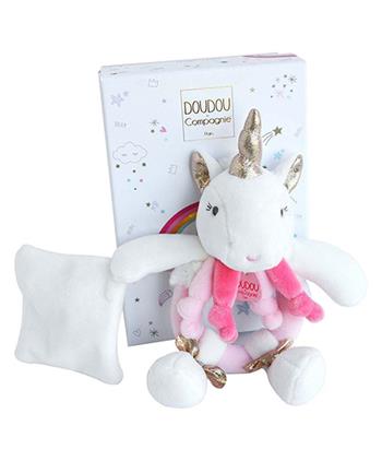 Doudou Dárková sada - Plyšové chrastítko jednorožec 17 cm